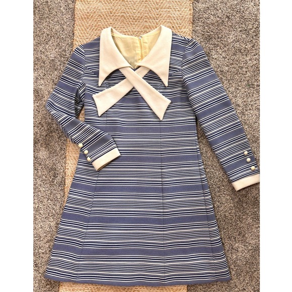 Sue Brett Dresses & Skirts - Vintage Sue Brett Mod Mini Dress Blue White Striped Bow Collar Long Sleeve 60s